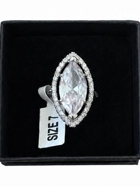 NEW 9 CT Marquise-Cut White Sapphire Halo Ring - Size 7